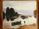 une peinture représentant un bateau sur l'eau, près du rivage