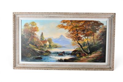 a painting of a mountain scene with a river in the foreground