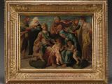 un tableau représentant un groupe de personnes avec un bébé, dans un cadre doré