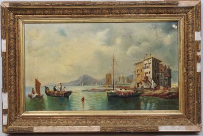 une peinture à l'huile représentant des bateaux dans un port, avec un bâtiment en arrière-plan