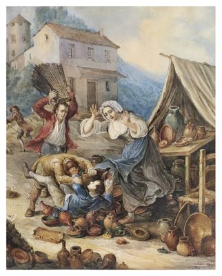 an image of a painting of a group of people in front of a house
