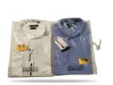 two men ' s shirts are wrapped in plastic bags on a white surface