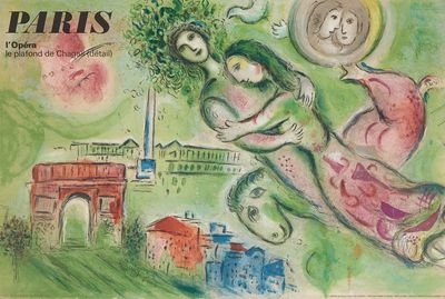 tableau représentant une femme et un enfant volant dans les airs, avec un immeuble en arrière-plan