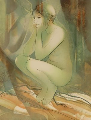 un tableau représentant une femme nue assise sur un lit