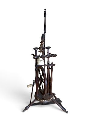 an image of a wooden stand with a bunch of items on it