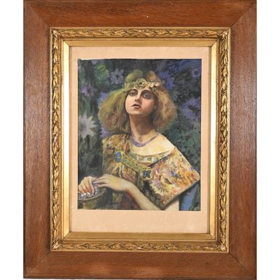 un tableau représentant une femme en robe jaune tenant un verre