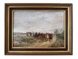 painting of a group of men riding horses down a dirt road