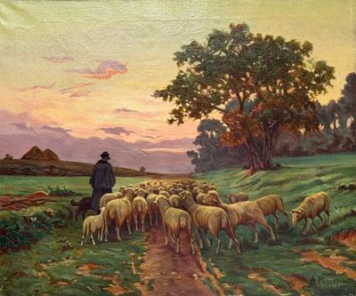 a painting of a man herding a flock of sheep in a field