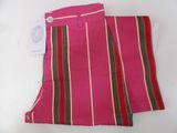 a close up of a pair of pink pants with green and red stripes