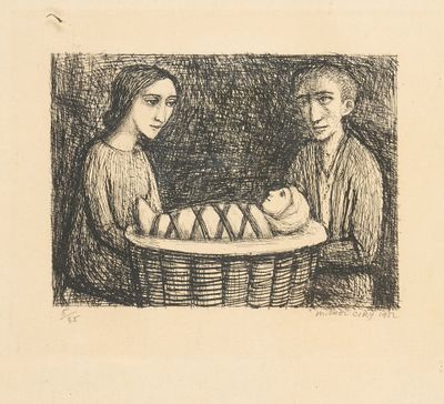 dessin représentant un homme et une femme tenant un bébé dans un panier