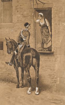 tableau représentant un homme à cheval devant un bâtiment