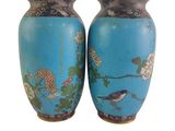 pair of blue vases with birds and flowers on them on a white background