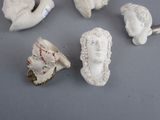 four white ceramic head knobs and a cup on a table