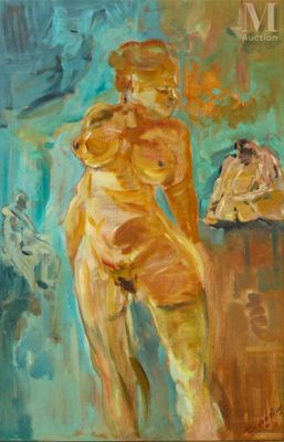 une peinture à l'huile représentant une femme nue debout devant un miroir