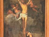 an oil painting of jesus on the cross with angels and doves