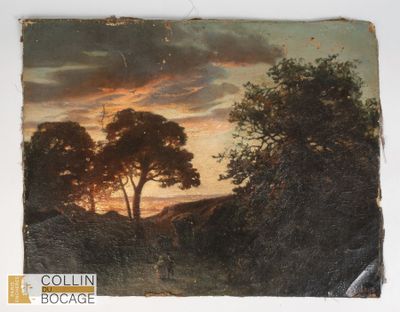 une image représentant un tableau représentant un coucher de soleil avec des arbres au premier plan