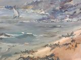 a painting of a sailboat on the water near a beach