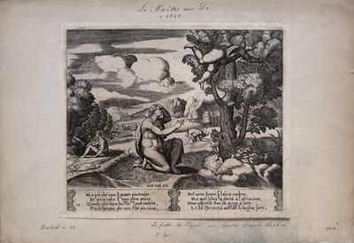 a drawing of a man sitting on a hill with animals