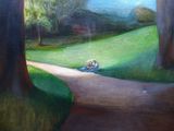 a painting of a person sitting on the ground in a park