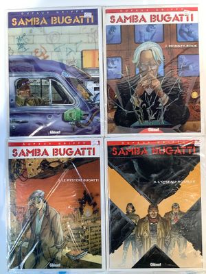 three books of comics are on display in a case
