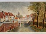un tableau représentant un pont enjambant une rivière dans une ville