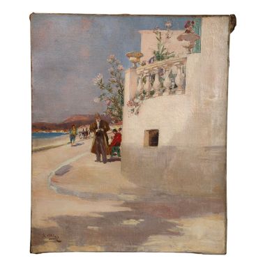 une peinture à l'huile représentant une scène de rue avec des passants marchant sur le trottoir
