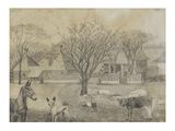 drawing of a farm scene with cows and horses in front of a house
