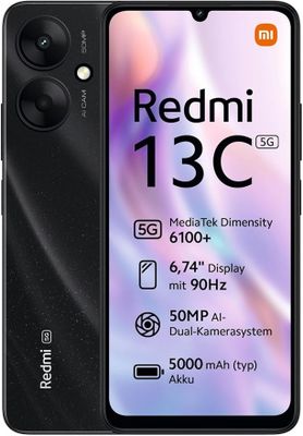 Le smartphone Redmi 13C est présenté en noir