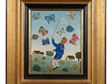 painting of a boy flying a kite in a field with butterflies