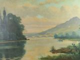 a painting of a river with a bridge in the background