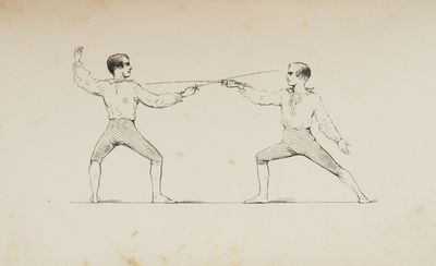 drawing of two men in fencing stance, one holding a sword and the other holding a sword