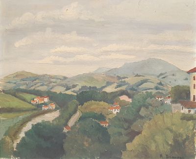 painting of a view of a village with a river and hills in the background