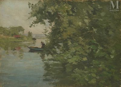 a painting of a man in a boat on the water
