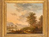 une image représentant un tableau représentant un paysage avec du bétail et une maison