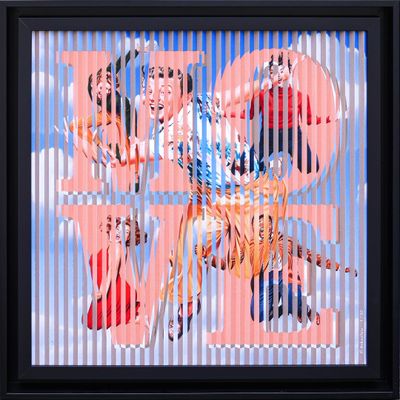 an abstract painting of a group of people in a cage