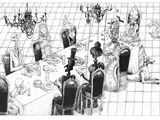 drawing of a group of people sitting around a table in a room