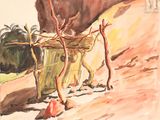 une aquarelle représentant un cheval tirant une charrette