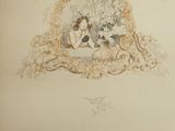 a drawing of a woman and a child sitting on a bench