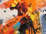 an abstract painting of a cross with music notes on it
