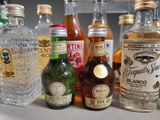 bottles of liquor lined up on a counter in a bar