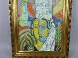 un tableau représentant une femme tenant un couteau devant un vase