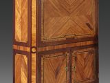 an antique wooden cabinet with two drawers and a marble top