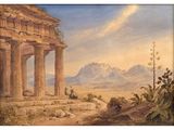 an image of a painting of a landscape with a temple in the foreground