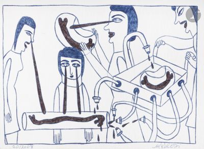 dessin représentant un groupe de personnes assises autour d'une table avec de la nourriture