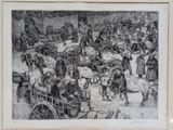 drawing of a crowd of people standing around a horse drawn carriage