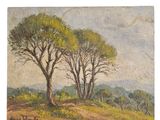 une peinture représentant trois arbres sur une colline, avec le ciel en arrière-plan