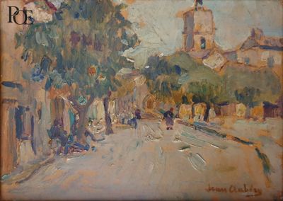une peinture à l'huile représentant une scène de rue avec une église à l'arrière-plan