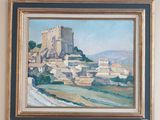 une peinture représentant un château, accrochée au mur au-dessus d'un lit