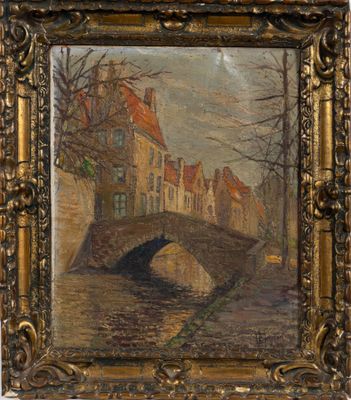 une peinture représentant un pont au-dessus d'une rivière avec des bâtiments à l'arrière-plan