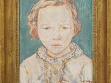 portrait d'une jeune fille dans un cadre doré sur fond bleu